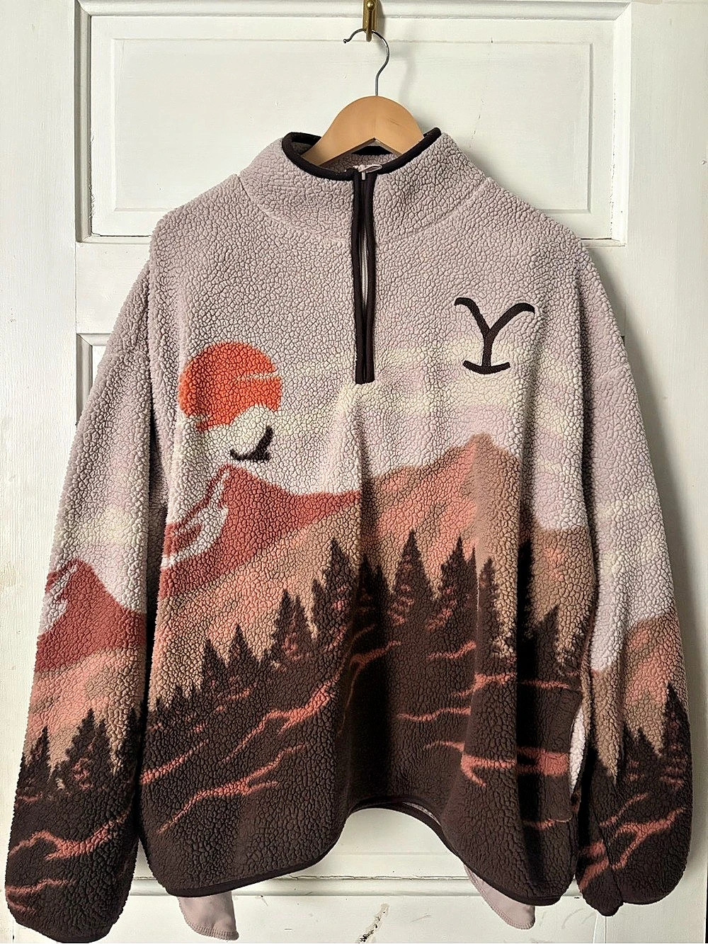 Western Style Yellowstone Landscape Sunset Quarter-Zip Sherpa Fleece Jacket Medi